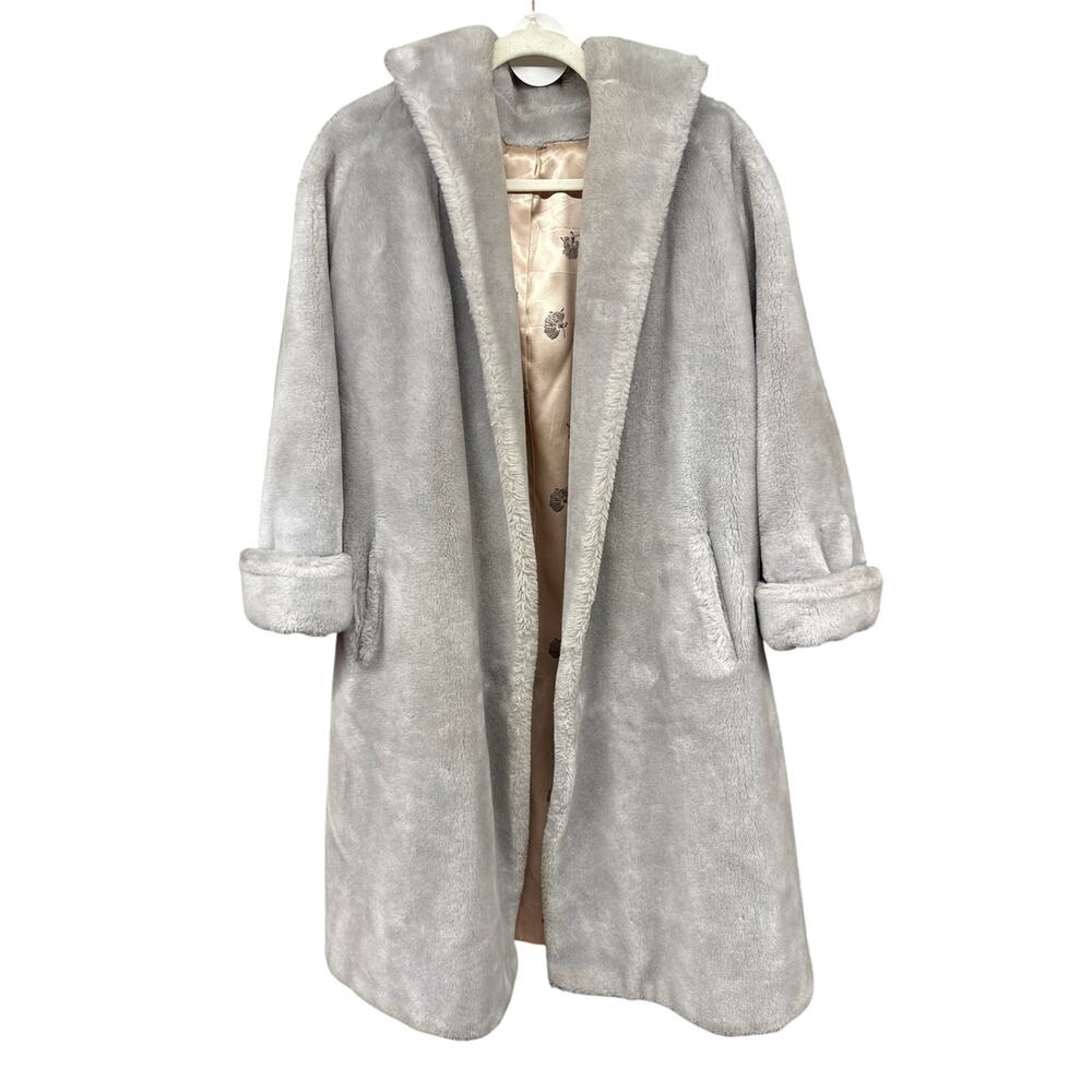O'llepro Vintage Gray Fabulous 50s Faux Fur Coat Pockets Satin Ballerina Lining